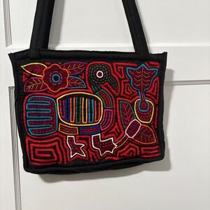 Handmade Mola Art Tote Bag Black Quilted Shoulder Bag Bird Floral Embroider Folk
